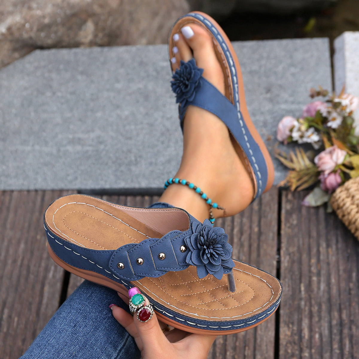 Floral Wedge Flip-Flops – Slip-On Style with Arch Support