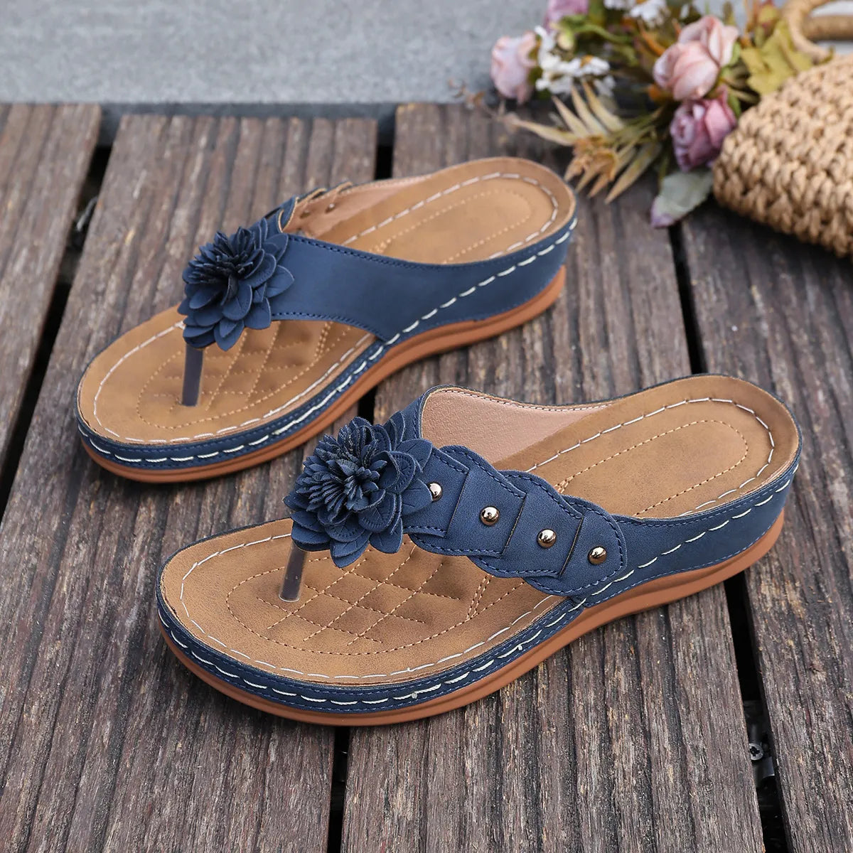 Floral Wedge Flip-Flops – Slip-On Style with Arch Support